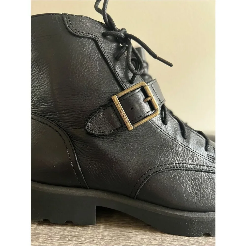 Vionic Catina Black Leather Combat Moto Ankle Boots Lug Sole Size 8.5W